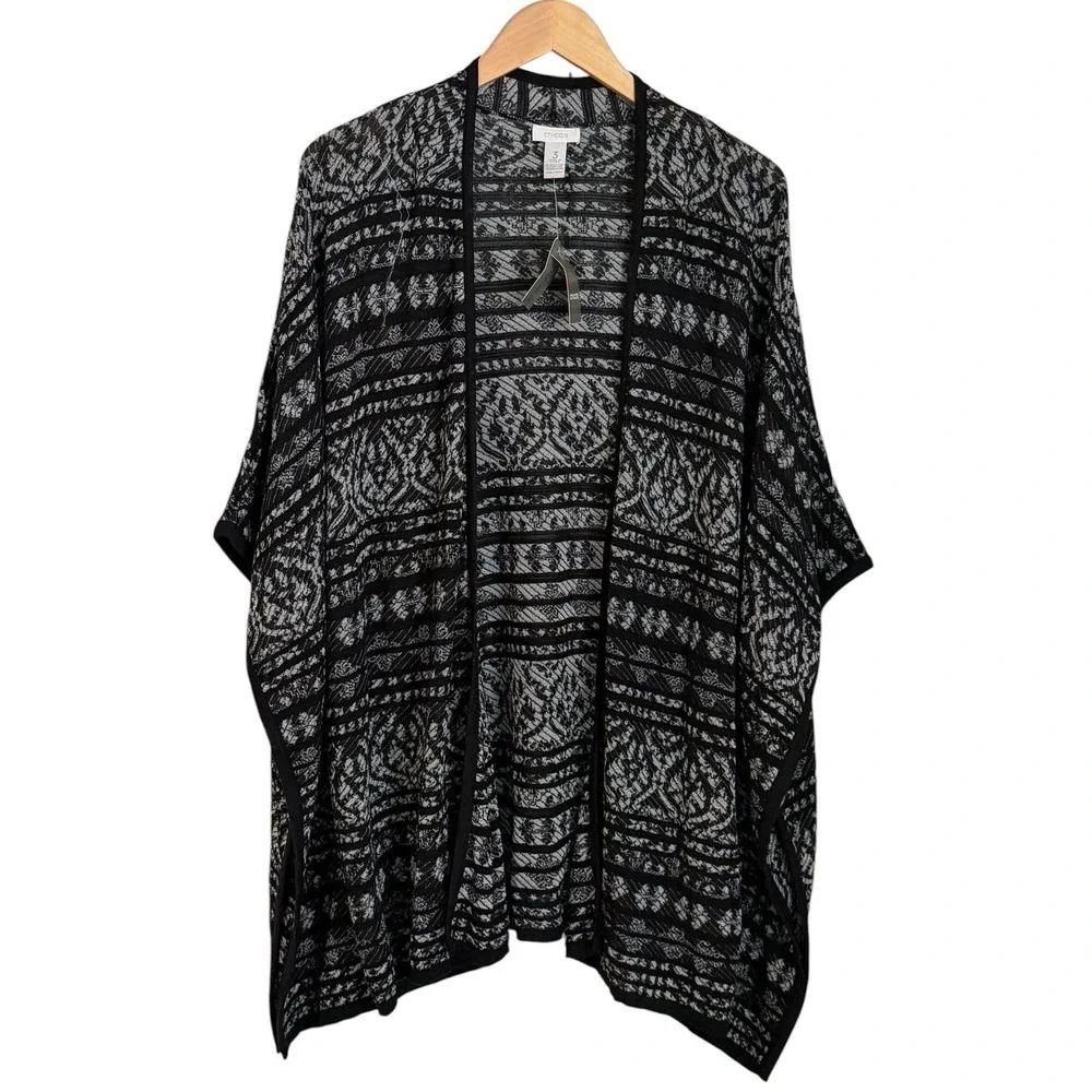 Chicos Boho Open‎ Cardigan Sweater Duster Kimono Size 3 -XL Black Knit Chic NWT